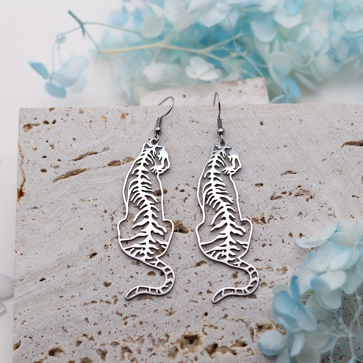 Cut-out Vintage Tiger Drop Earrings, Stainless Steel